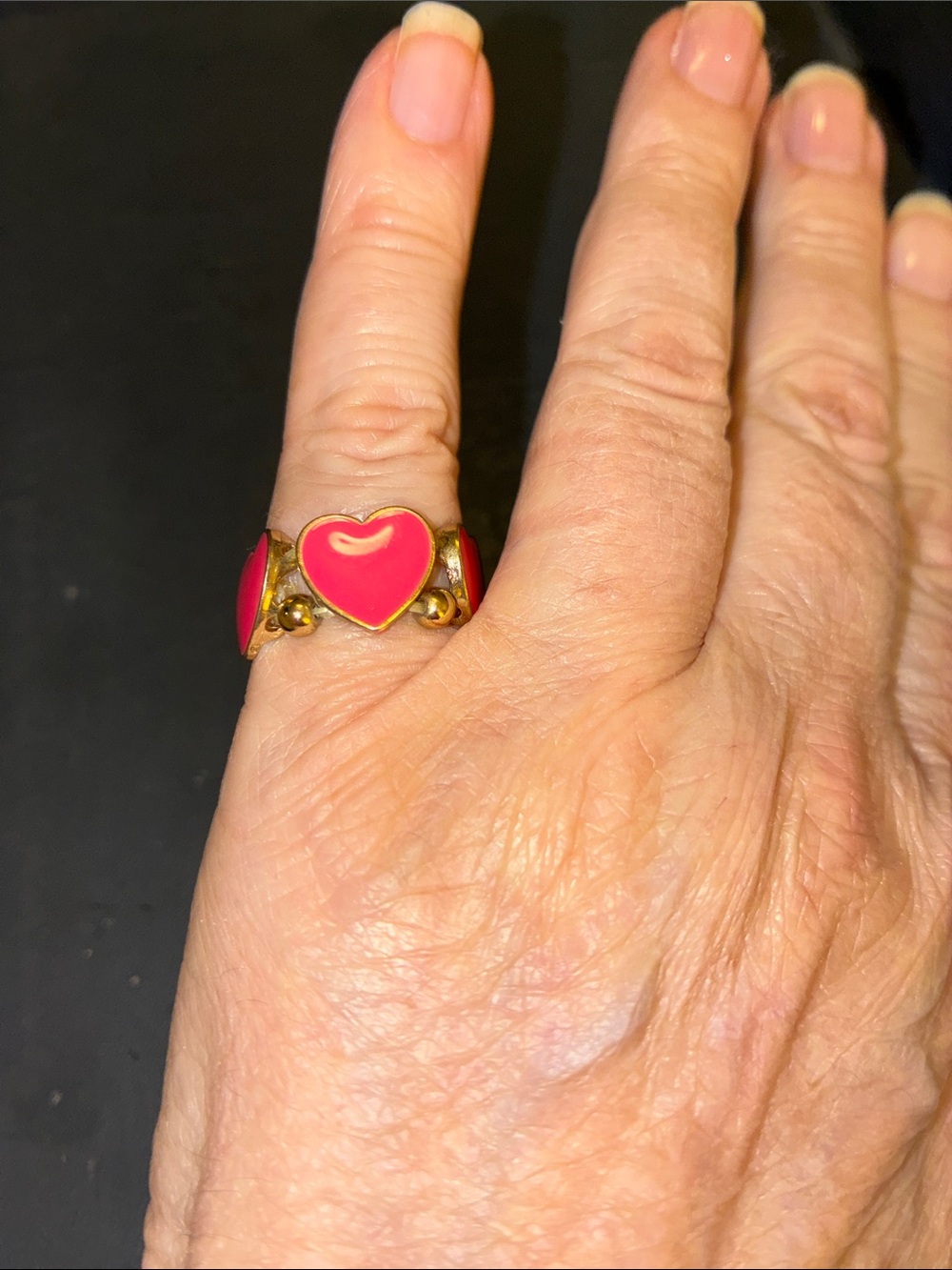 Gold-Tone Stretch Ring with Pink Heart Enamel